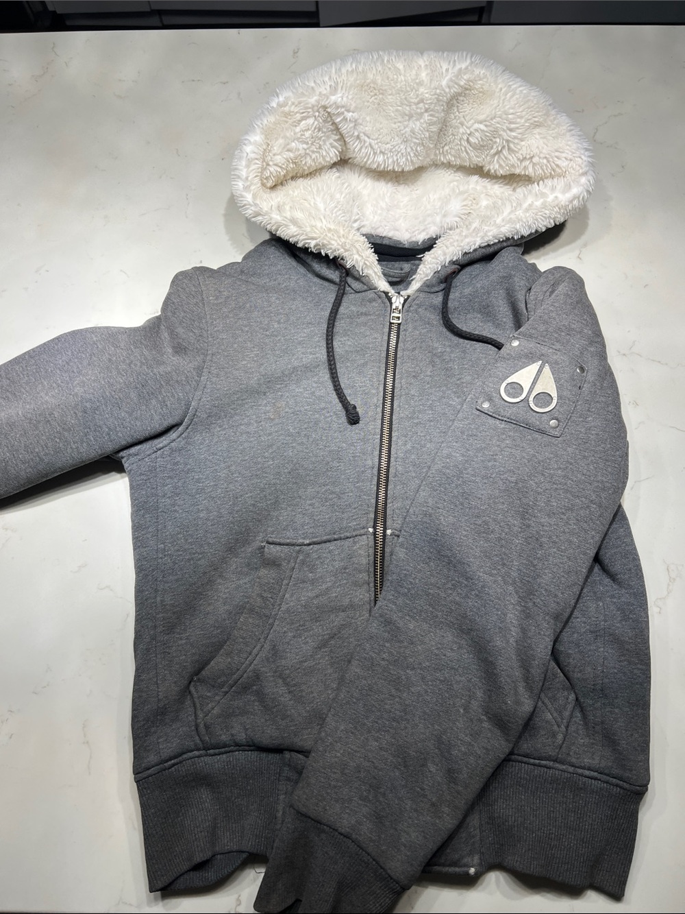 Moose Knuckles Gray Zip-Up Hoodie with Cream Sherpa Hood